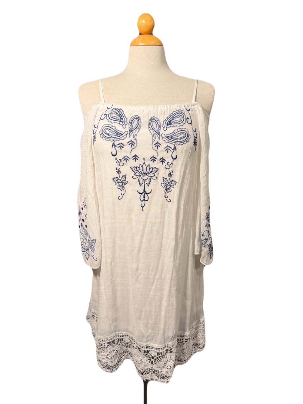 Size PS Embroidered White Cold-Shoulder Midi Dress with Navy Detail